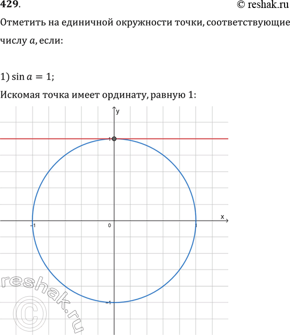 Изображение 429 Отметить на единичной окружности точки, соответствующие числу а, если:1) sina=1; 2) sin а = 0; 3) cosa = -1; 4) cos а = 0;5) sin а = -0,6; 6) sin а =...