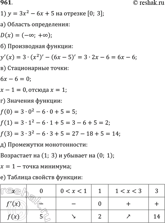 Изображение 961 Построить график функции:1) у = 3х2 - 6х + 5 на отрезке [0; 3];2) у = 1х4/4 - 2х3/3 - 3х2/2 + 2 на отрезке [-2;...