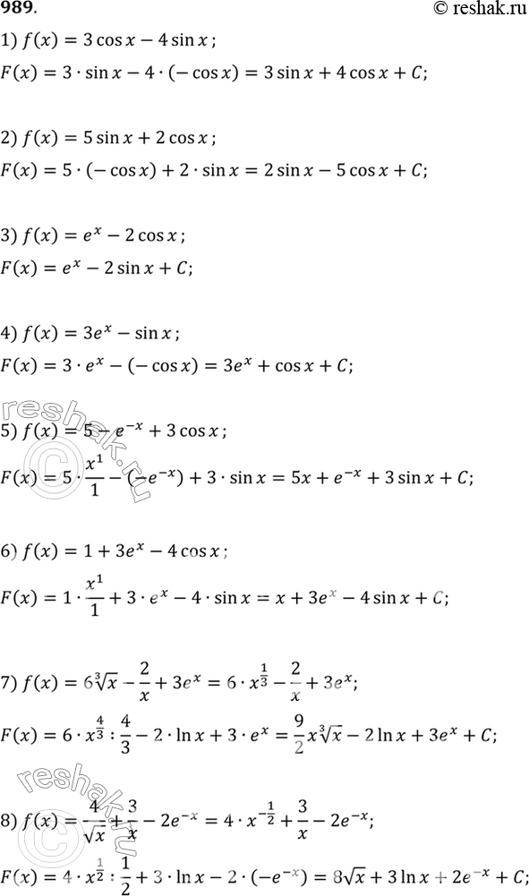 Изображение 989 1) 3 cos x - 4 sin x;2) 5 sin x + 2 cos x;3) ex - 2 cos x;4) 3ex - sin x;5) 5-e^-x + 3 cos x;6) 1 + 3ex-4cos x;7) 6 корень 3 степени x- 2/x + 3ex;8) 4/...