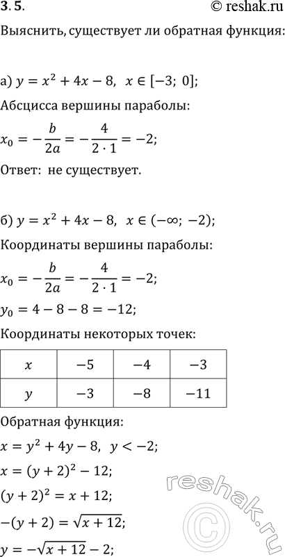 Изображение 3.5 Выясните, существует ли обратная функция для заданной функции. Если да, то задайте обратную функцию аналитически, постройте график заданной и обратной функций:а)...