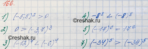 Изображение 166. Не выполняя вычислений, сравните:1) (-5,8)2 и 0;		2) 0 и (-3,7)3;		3) (-12)7 и (-6)4;4) -8^8 и (-8)8;5) (-17)6 и 17^6;6) (-34)5 и...