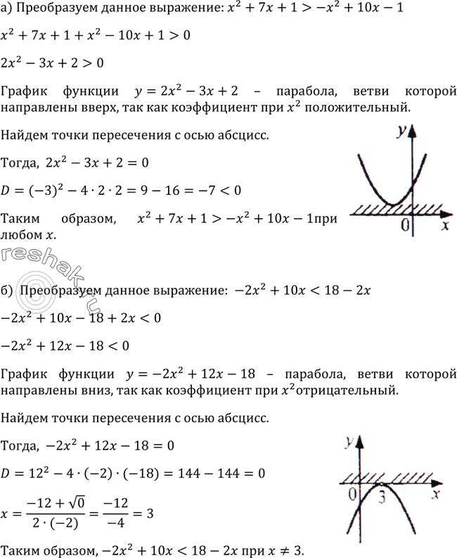 Изображение 317. Докажите, что:а) х2 + 7x + 1 > -x2 + 10x-1 при любом x;б) -2x2 + 10x < 18- 2x при x=/...