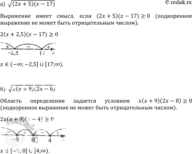 Изображение 333. При каких значениях х имеет смысл выражение: a) корень ((2x + 5)(х - 17));	б) корень (x(х + 9)(2х -...