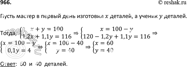 Изображение 966. Мастер и ученик изготовили в первый день 100 деталей. Во второй день мастер изготовил деталей на 20% больше, а ученик — на 10% больше, чем в первый день. Всего во...