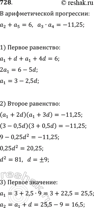 Изображение 728. Последовательность (a_n) — арифметическая прогрессия, в которой a_2+a_5=6, a_3·a_4=-11,25. Найдите первые шесть членов прогрессии, изобразите их точками в...
