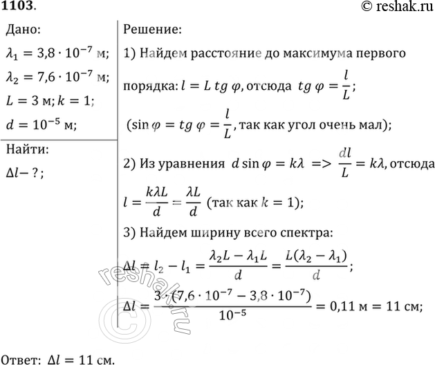 Изображение Какова ширина всего спектра первого порядка (длины волн заключены в пределах от 0,38 до 0,76 мкм), полученного на экране, отстоящем на 3 м от дифракционной решетки с...
