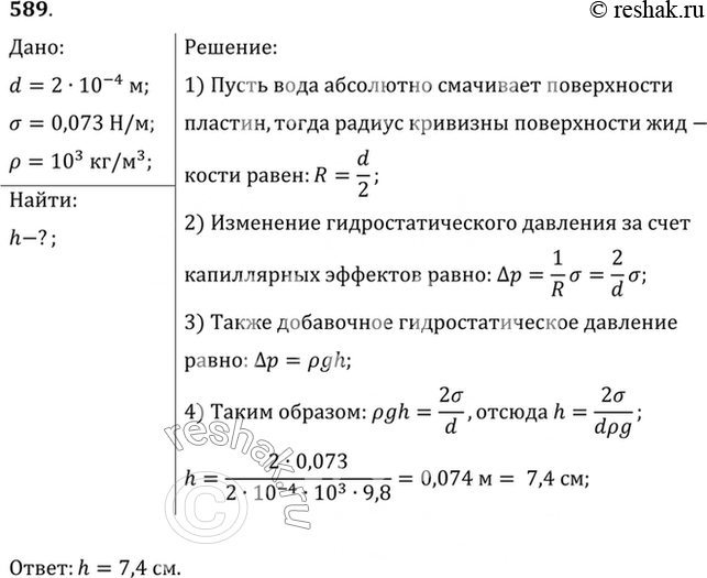 Изображение На какую высоту поднимется вода между параллельными пластинками, находящимися на расстоянии 0,2 мм друг от...