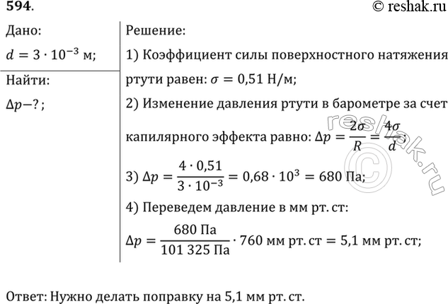 Изображение Ртутный барометр имеет диаметр трубки 3 мм. Какую поправку в показания барометра надо внести, если учитывать капиллярное опускание...