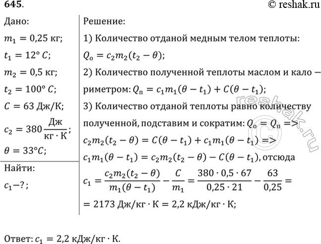 Изображение В калориметр с теплоемкостью 63 Дж/К было налито 250 г масла при 12 °С. После опускания в масло медного тела массой 500 г при 100 °С установилась общая температура 33...