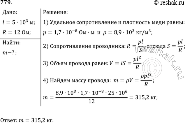 Изображение Медный провод длиной 5 км имеет сопротивление 12 Ом. Определить массу меди, необходимой для его...