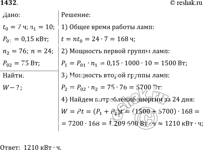 Изображение 1432.	Мастерскую ежедневно освещают по 7 ч в сутки 10 ламп мощностью 0, 15 кВт каждая и 76 ламп мощностью 75 Вт. Вычислите энергию, расходуемую за месяц (24 рабочих дня)...