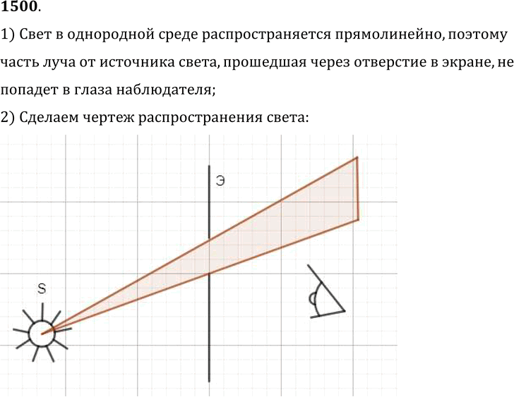 Изображение 1500.	Если глаз наблюдателя относительно непрозрачного экрана Э расположен так, как показано на рисунке 368, то через отверстие в экране наблюдатель не может видеть...