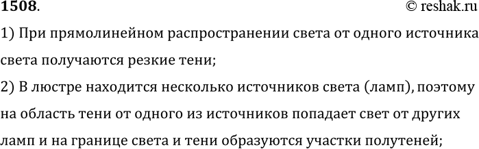 Изображение 1508.	Почему в комнате, освещаемой одной лампой, получаются довольно резкие тени от предметов, а в комнате, где источником освещения служит люстра, такие тени не...
