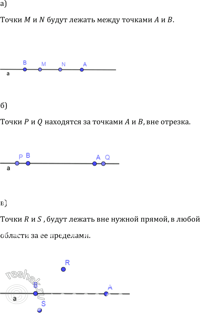 Изображение Проведите прямую а и отметьте на ней точки А и В. Отметьте: а) точки М и N, лежащие на отрезке АВ; б) точки Р и Q, лежащие на прямой а, но не лежащие на отрезке АВ; в)...