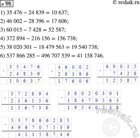 Изображение 198. Найдите разность:1) 35 476 - 24 839;    4) 372 894 - 216 156;2) 46 002 - 28 396;    5) 38 020 301 - 18 479 563;3) 60 015 - 7 428;     6) 537 866 285 - 496 707...