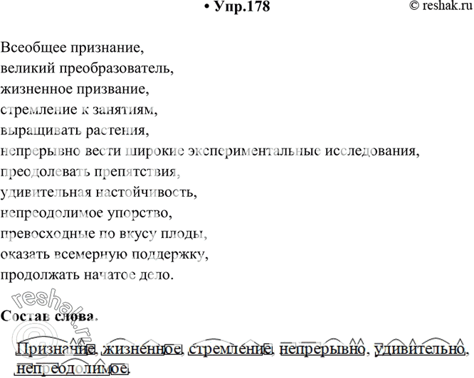 Изображение 178. Спишите. Обозначьте состав выделенных слов.Всеобщее признание, великий преобразователь, жизн..ное пр..звание, стремление к занятиям, выращивать р..стения,...