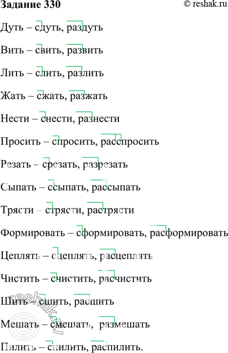 Изображение 330. Образуйте слова с приставками с- и раз- (рас-). Приставки обозначьте.Дуть, вить, лить, жать, нести, просить, резать, сыпать, трясти, формировать, цеплять,...