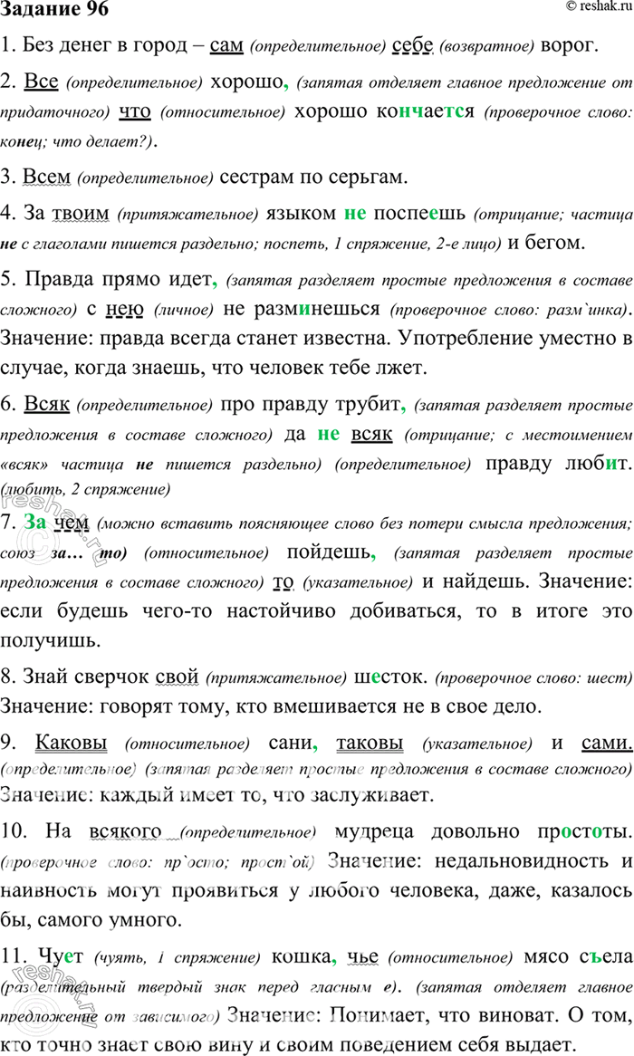 Изображение 96. Запишите пословицы, найдите в них местоимения. Определите разряд местоимений и их синтаксическую роль в предложении.1. Без денег в город — сам себе ворог. 2. Всё...