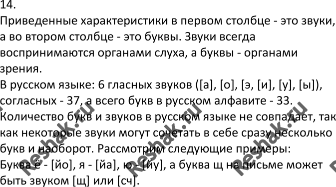 Изображение 14. 1. В каком столбике даётся характеристика звуков, а в каком — букв? Докажите.?	1. Употребляются только в устной речи.  2. Произносятся.  3. Воспринимаются...