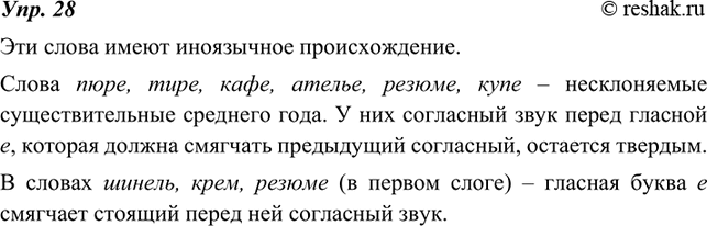 Изображение 28. 1. Произнесите слова правильно (в соответствии с пометами произношения и ударения).Пю[р]е, ти[р]е, ка[ф]е, шо[с]е, а[т]елье, [р’]езю[м]е, ку[п]е, [шын’э]ль,...