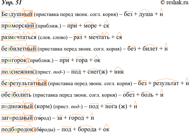 Изображение 51. Письменно докажите, что данные слова образованы приставочно-суффиксальным способом. Объясните правописание этих слов.Образец записи:раз- + бежать+ -ся ->...