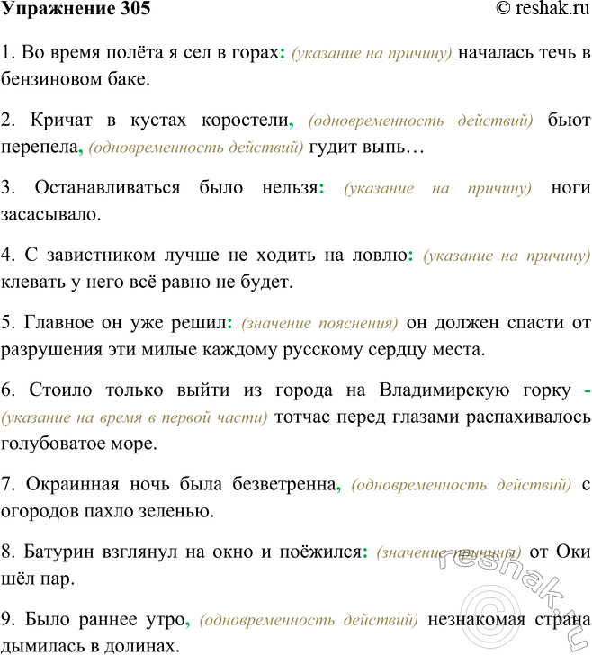 Изображение 305 Перепишите предложения, расставляя знаки препинания.1. Во время полёта я сел в горах: (указание на причину) началась течь в бензиновом баке.2. Кричат в кустах...